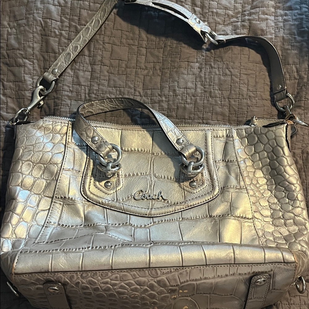 Coach Metallic Silver Croc-Embossed Satchel